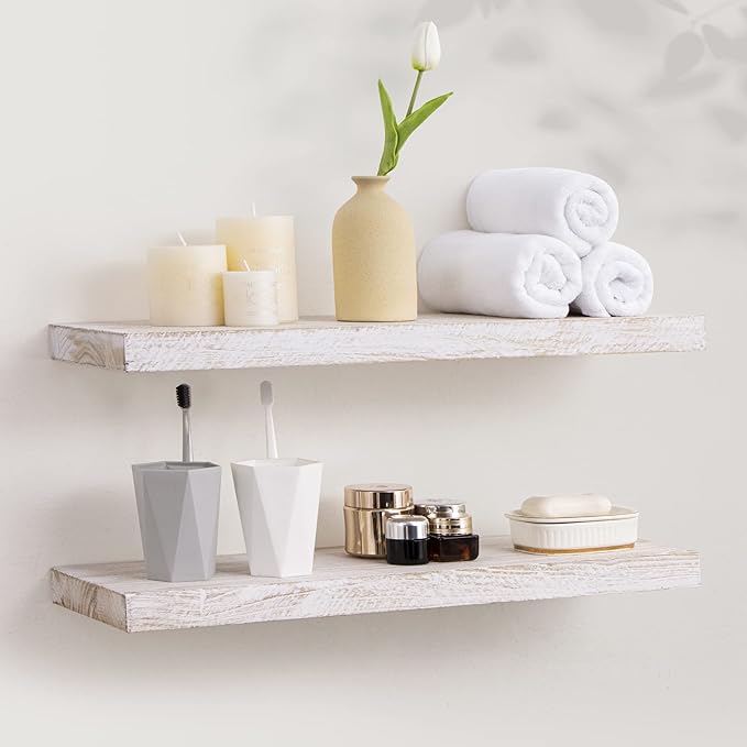 Axeman Floating Shelves - 24''W x 8''D Rustic Solid Elm Wood Wall Shelves for Storage, Wall Mounted Display Shelving with Invisible Heavy-Duty Metal Bracket (White Wash, 2PCs)