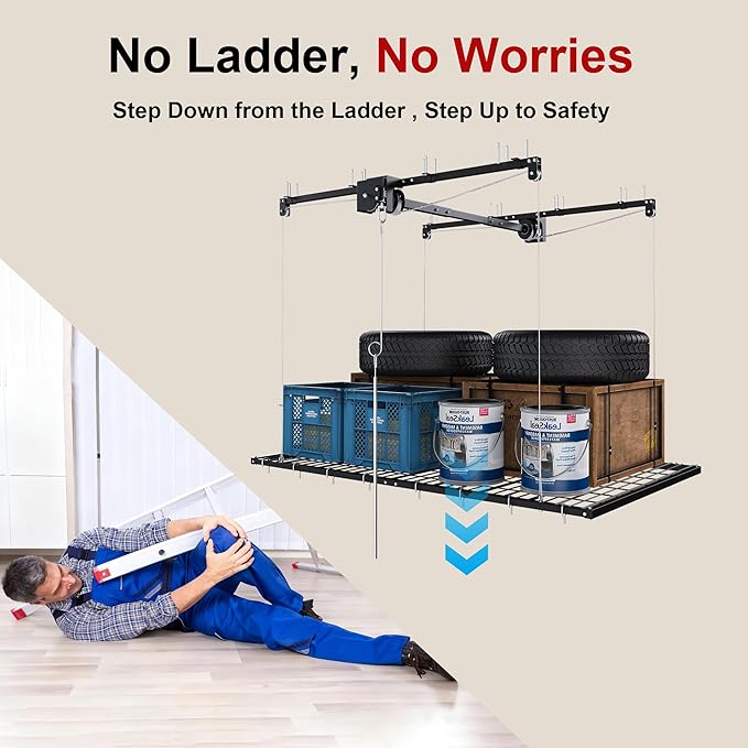 4x8FT Overhead Garage Storage Rack for High Ceilings 10-12 FT, Adjustable Garage Organization System, Heavy Duty Ceiling Storage Racks with Safety Lock,325LBS Capacity,Black