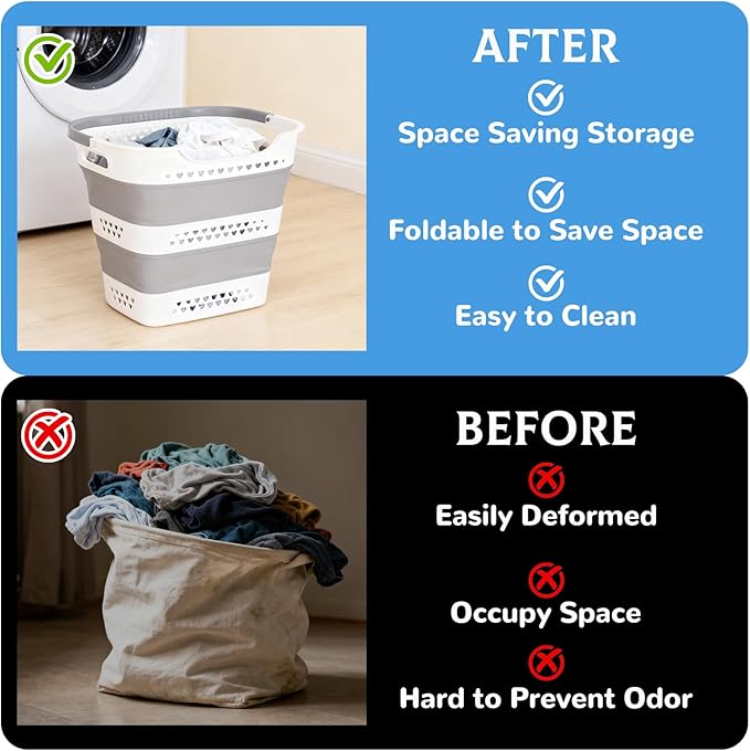 2 Pcs Collapsible Laundry Baskets for Dirty Clothes, 43L Plastic Laundry Hamper for Dorm Bedroom, Space Saving Pop-Up Laundry Hamper Container, Durable Foldable Laundry Basket with Handles (Grey)
