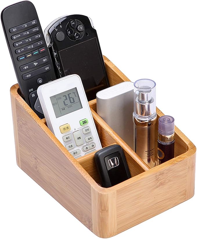 VolksRose Desk Remote Control Holder Multi-Function Coffee Table Office Supplies Storage Organizer, Home Sundries Bamboo Storage Box with 4 Compartments - Perfect for Makeup, TV Guide, iPad, Caddy #3