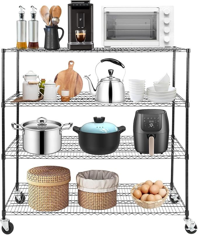 4-Tier Storage Shelving Unit with Wheels, Adjustable Heavy Duty Steel Wire Rack Organizer (24" D x 60" W x 54" H, 480 lbs Capacity) for Garage, Kitchen