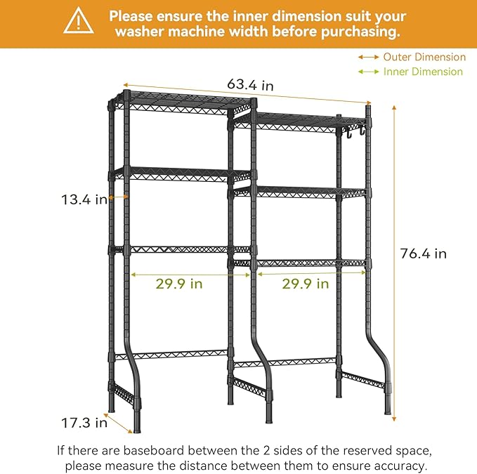 U15 Over Washer and Dryer Storage Shelves, Laundry Above Washer Dryer Storage Rack Space Saver, 6-Tier Wire Shelf with 4 Hooks for Organization, 63.4"W x 17.3"D x 76.4"H, Holds 568lbs, Black