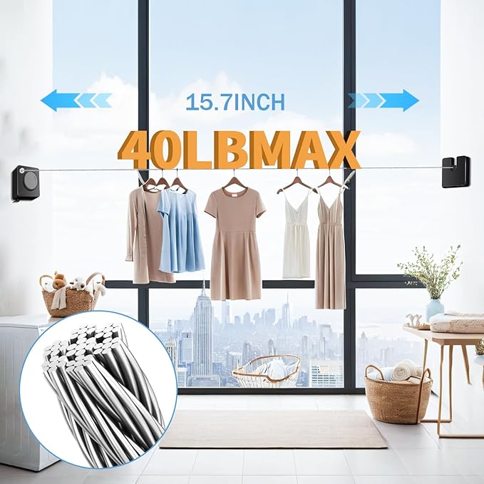 Retractable Clothesline Indoor, Non-Sagging Outdoor Clothes Line Retracting 15.7 Feet Heavy Duty Laundry Line Retractable Wall Mounted Clothes Line Outdoors (Square-Black)