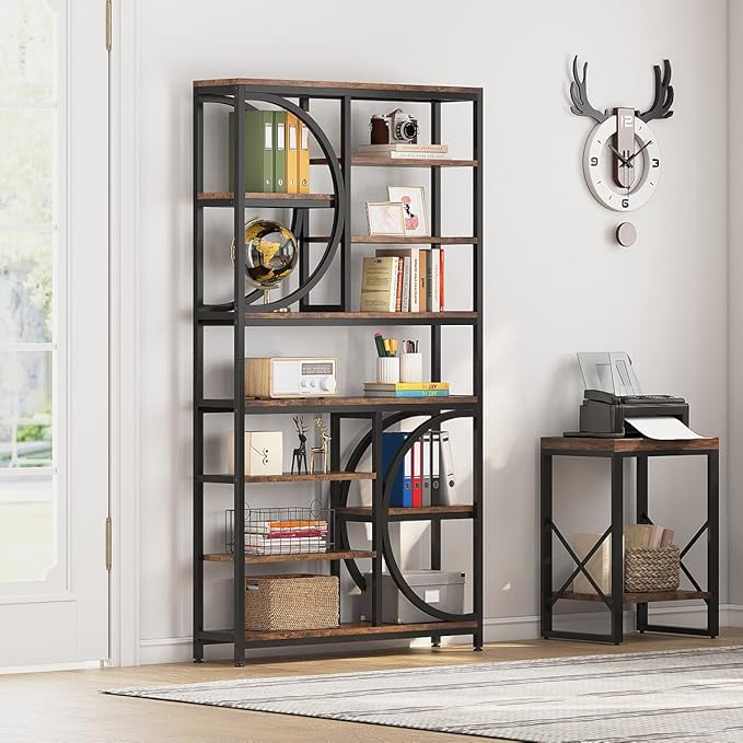 Tribesigns Bookshelf, Industrial 8-Tier Etagere Bookcases, 77-Inch Tall Book Shelf Open Display Shelves, Wood Look Accent Shelving Unit with Metal Frame for Home Office (2, Brown/Black)