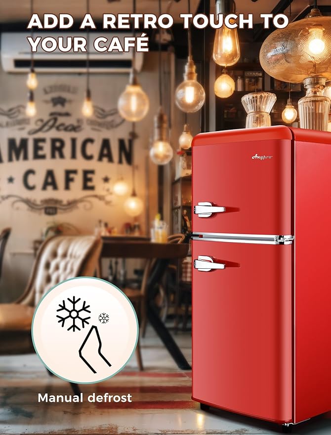 3.2 Cu.Ft Retro Fridge with Freezer, Double Door Refrigerator with 7 Level Thermostat, Low Noise, Adjustable Removable Glass Shelves for Bedroom Office Apartment Dorm Bar, Red