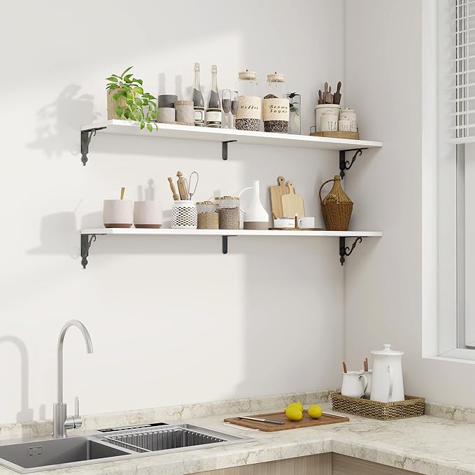 Fun Memories Large Floating Shelves for Wall 48 Inches Long, 8 Inch Deep Shelves with Metal Bracket, 48 Inch Floating Shelves Wall-Mounted, Wide Display & Storage Bookshelves, White, Set of 2