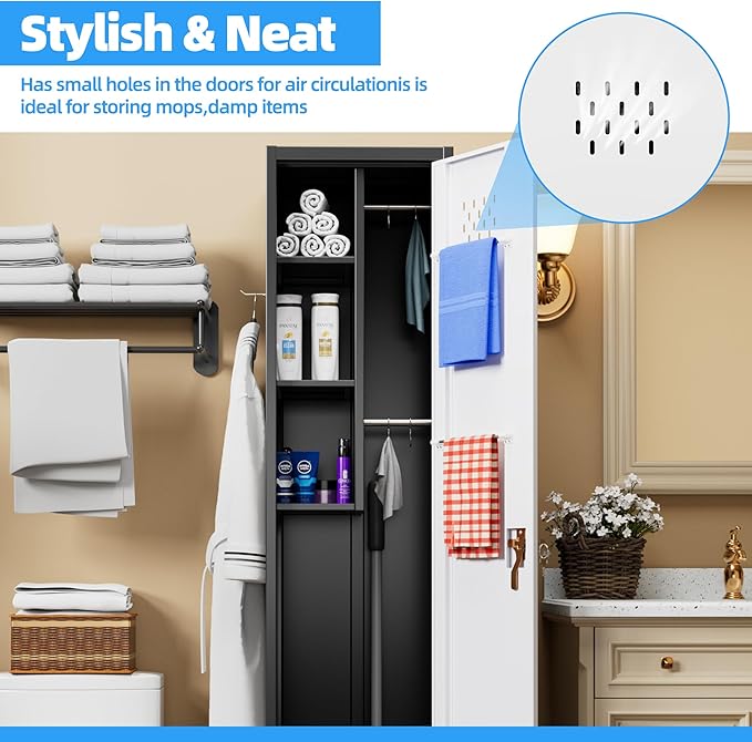 72''H Metal Broom Closet Storage Cabinet with Wheels & Pegboards, Mops Broom Closet Organizer with Locking Door & Hanging Rod,Cleaning Tool Garage Cabinet,Assembly Required,Black Gray