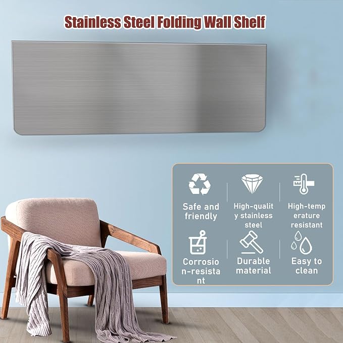 304 Stainless Steel Folding Wall Shelf Wall Mount Kitchen Storage Shelves Rounded Corners Food-Grade Folding Table Thickened Bracket for Laundry Room Garage Restaurant.(60x30cm/23.6x11.8in)