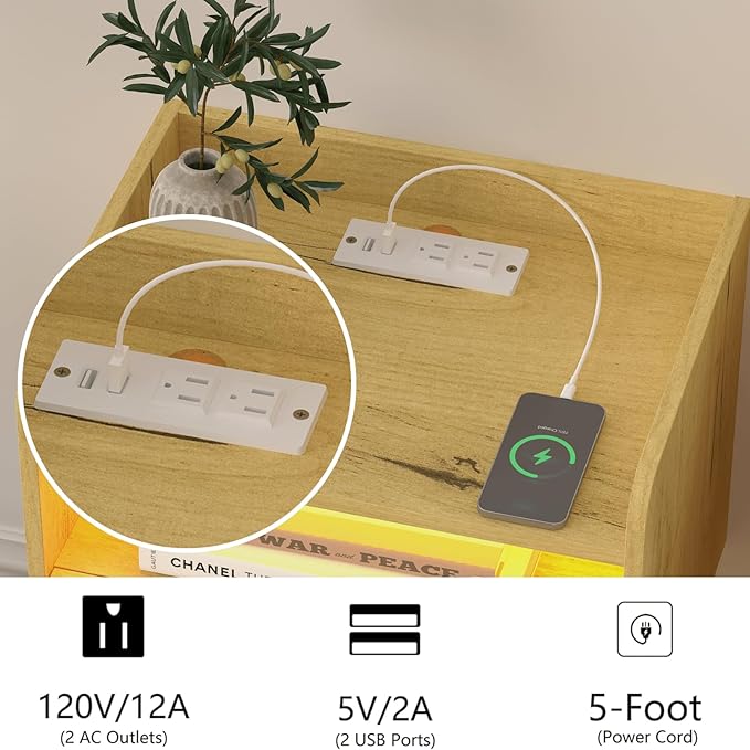 Floating Nightstand with Charging Station and LED Lights (Yellow Oak)