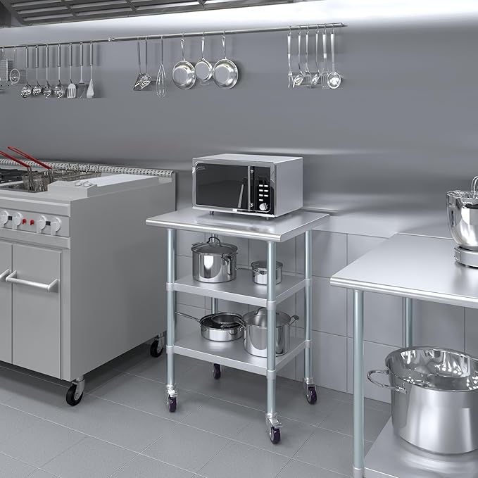 AmGood Stainless Steel Work Table with 2 Shelves and Casters | Metal Utility Table On Wheels (Stainless Steel Work Table with 2 Shelves + Casters, 30" Long x 24" Deep)
