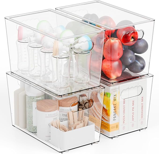 Yieach 4 Pack Stackable Clear Organizer Bins With Lids & Handle,11.1″ Deep Plastic Hall Closet Storage Bins for Pantry,Refrigerator and Cabinets,Acrylic Container for Organizing Toy,Snacks Organizer