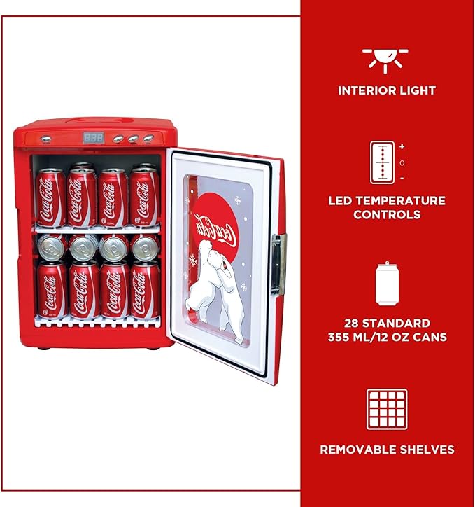 Coca-Cola 25L Retro Mini Fridge Polar Bear Design Portable Cooler/Warmer for Snacks Drinks Skincare Cosmetics with AC DC Capable Ideal for Bedroom Office Dorm Travel