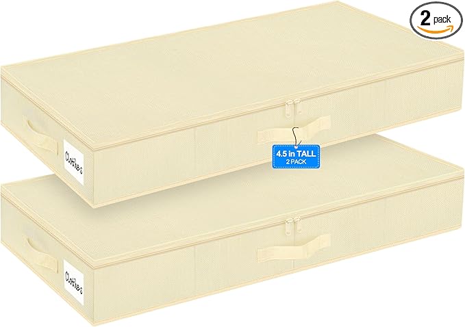 punemi 4.5 Inch Tall Low Profile Under Bed Storage Containers Bins, 2Pcs Shallow Flat Underbed Clothes Storage With Sturdy Structure Support, Under Couch & Sofa Storage For College Dorm Room, Beige