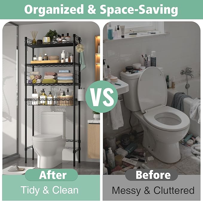 PrimeZone Over The Toilet Storage Shelf - 4 Tier Adjustable Metal Bathroom Wire Shelves Organizer with 2 Hooks, Freestanding Above Toilet Storage Rack for Bathroom Laundry, Black