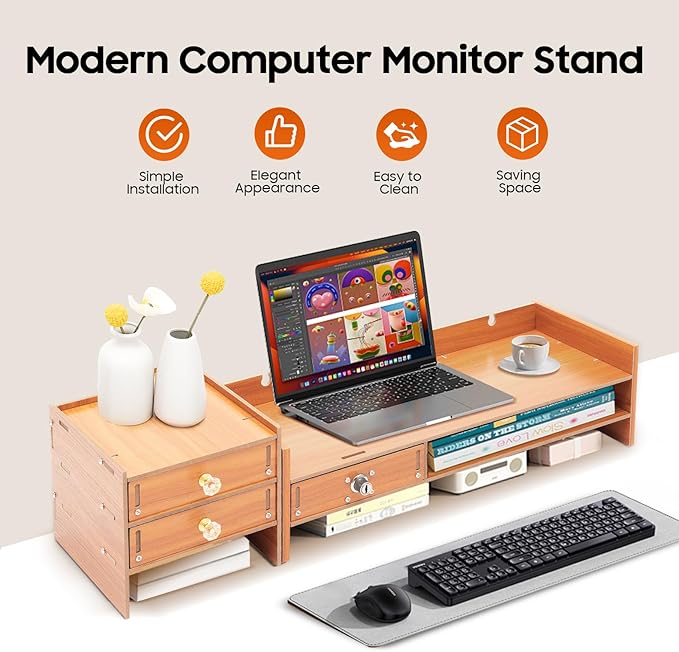 Monitor Stand,Computer Monitor Stand,Computer Rack with Drawers,Desk Shelf Wood Desk Organizer,Wooden Desktop Organizers w/Lock for Home Office Workspace Organizer (5.95lbs)