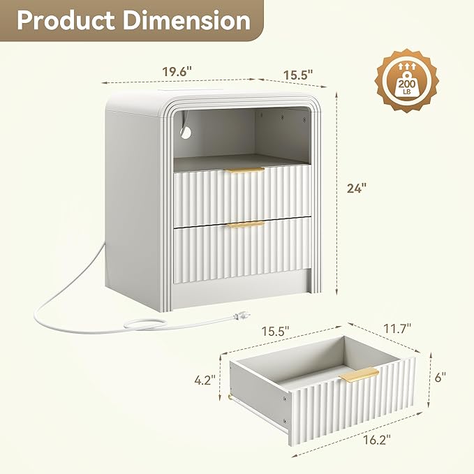 Fluted Nightstand with Charging Station, 19.7'' Wide Morden End Table with USB/Type-C Ports, 2 Drawers & Open Shelf, Curved Profile Design, Wood Bedside Table for Bedroom (White)