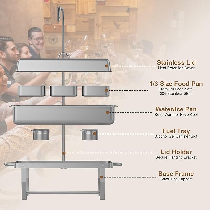 Chafing Dishes Buffet Set for Food Warming and Serving,11QT Stainless Steel Party Trays Warmers for Catering,Weddings,Events with Display and Rolled Edge Design,1 Pack, 3 Compartment
