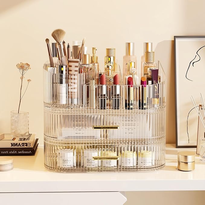 Makeup Organizer with Drawers and 360° Rotating Brush Holder, Large Capacity Cosmetic Storage for Vanity, Skincare, Perfume, Hair Accessories, Lipstick & Jewelry (Clear, 3-layer)