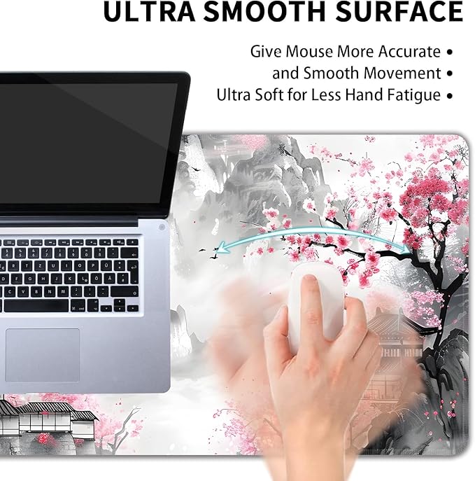 Japanese Cherry Blossom Large Mouse Pad,Gaming Keyboard Desk Pad,Extended Mouse Mat Non-Slip Rubber Base with Stitched Edges for Office Game Home XL 31.5"x11.8"