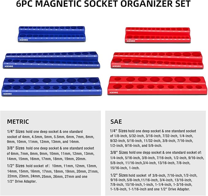 Magnetic Socket Organizer,6-Pack SAE & Metric 1/2,3/8,1/4 Inch Drive Sockets Holder,Holds 141 Standard/Deep Sockets,Blue and Red Magnetic Socket Tray(Sockets Not Included)