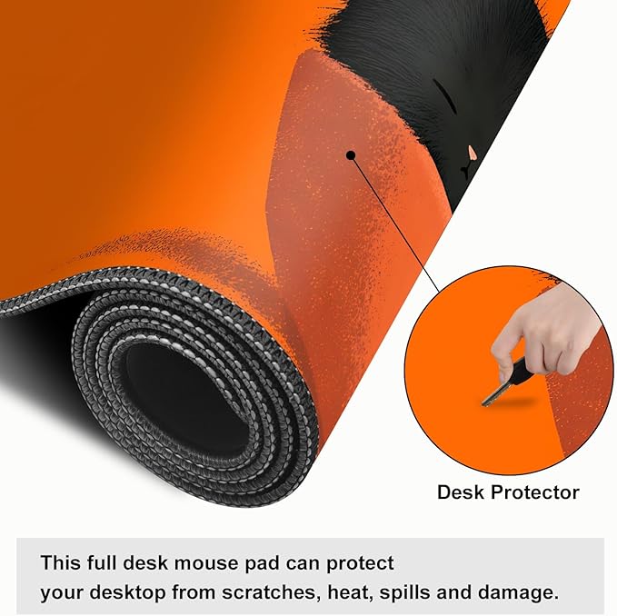 Large Cute Black Cat Mouse Pad, Extended Desk Mat with Non-Slip Base – 31.5 x 11.8 in – Cartoon Kittens in Orange Cup Design, Stitched Edges, Waterproof Gaming Keyboard Pad for Office & Home