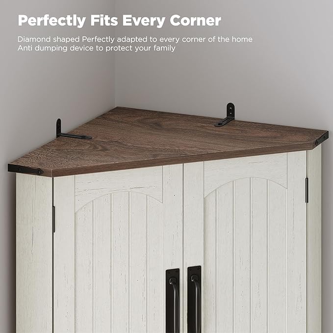 Maupvit Tall Corner Cabinet, Farmhouse Corner Storage Cabinet with 4 Barn Doors and Adjustable Shelves, Storage Pantry Cabinet for Kitchen, Living Room, Laundry Room, White