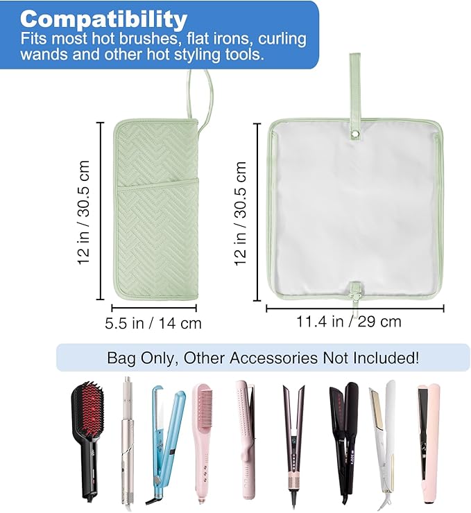 SITHON Hot Iron Holder & Mat, Heat Resistant Hair Tools Travel Bag Portable Hot Tools Organizer Cover Pouch for Curling Irons, Flat Irons, Hair Straightener and Styling Tools (Bag Only) (Green)
