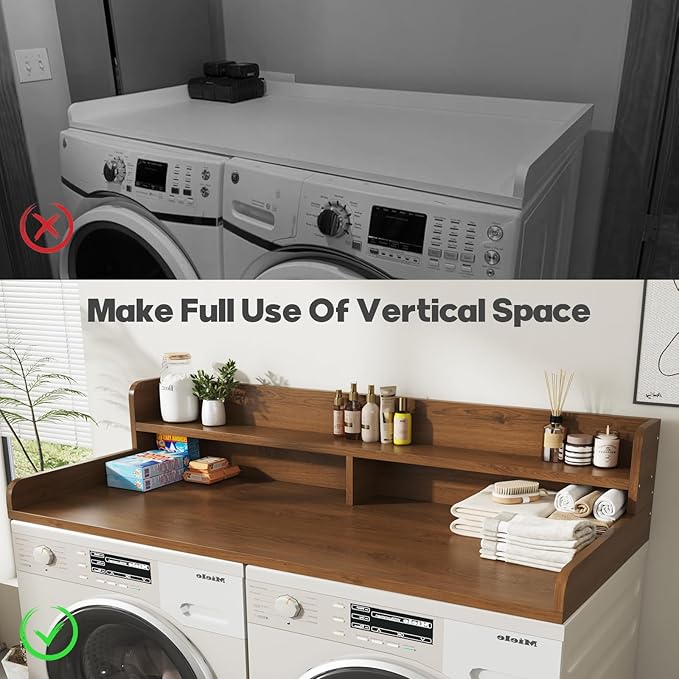 2-Tier Washer and Dryer Countertop with 2.75" H Guard,58" W x 28" D Laundry Countertop Cover with Non-Slip Pad,Large Space Laundry Topper for Folding Clothes Over Washer and Dryer-Brown