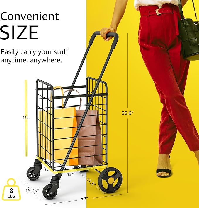 Shopping Cart w/Waterproof Basket Liner & 360° Swivel Wheels | Foldable Collapsible & Lightweight | Perfect for Groceries Laundry Utility Cart - Black