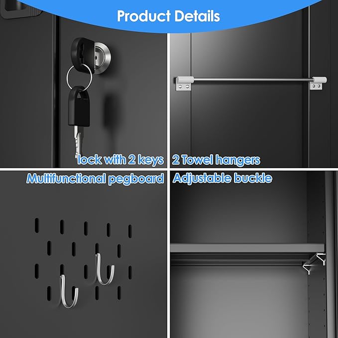 SUXXAN Broom Closet Storage Cabinet, 61.6" x 11.7" x 27.5" Metal Cleaning Cabinets with Hooks and Hanging Rods, Lockable Cabinet with Pegboard, Adjustable Shelf,for Garage, Laundry Room