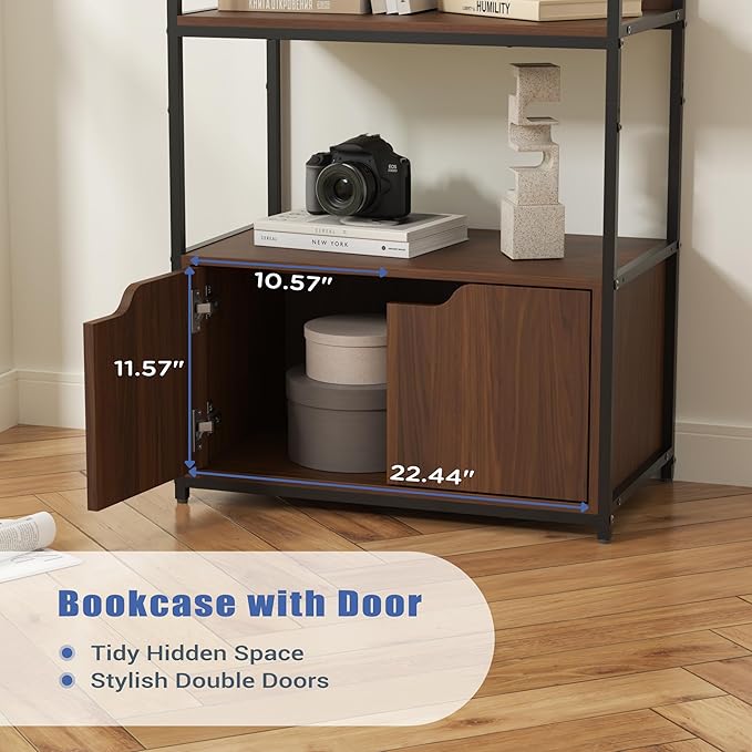 Bookcase with 4 Doors, 63" Tall Bookshelf with Storage Cabinet, 6 Tier Open Bookshelf for Display, Industrial Floor Standing Display Storage Shelves for Home Office, Living Room, Brown