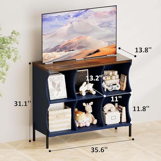 6 Cube Storage Shelf Organizer, Low Book Shelf Bookcase Entryway Table, Wood Closet Storage Display Cabinet TV Stand for Living Room, Office,Bedroom, Dorm, Blue with Natural Top