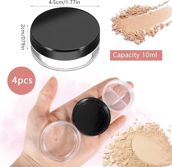 4pcs 10ml/0.34oz Plastic Empty Travel Small Loose Powder Compact Refillable Loose Powder Containers Reusable No Leak Compact with Rotatable Sifter And Black Screw Lid