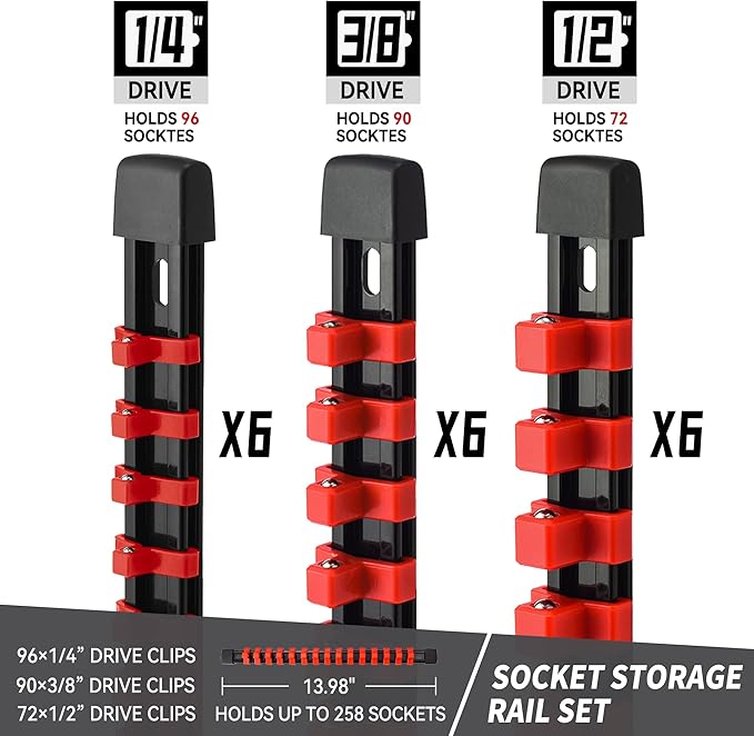 Socket Organizer Drive ABS Tools - Red Socket Holder, Premium Quality 18 Pieces Socket Holders Kit 1/4-Inch x 96 Clips, 3/8-Inch x 90 Clips, 1/2-Inch x 72 Clips（18PC,Red)