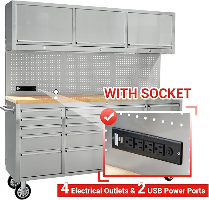 CT Copper Tailor 72-inch Rolling Tool Chest with Integrated Power Strip,15 Drawers and Wheels, Garage Workbench with Storage, 3 Upper Cabinets, Pegboard in Stainless Steel
