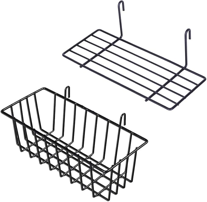 GBYAN Grid Wall Basket Wall Grid Panel Accessories Wire Straight Shelf with Hook Organizer for Home, Black