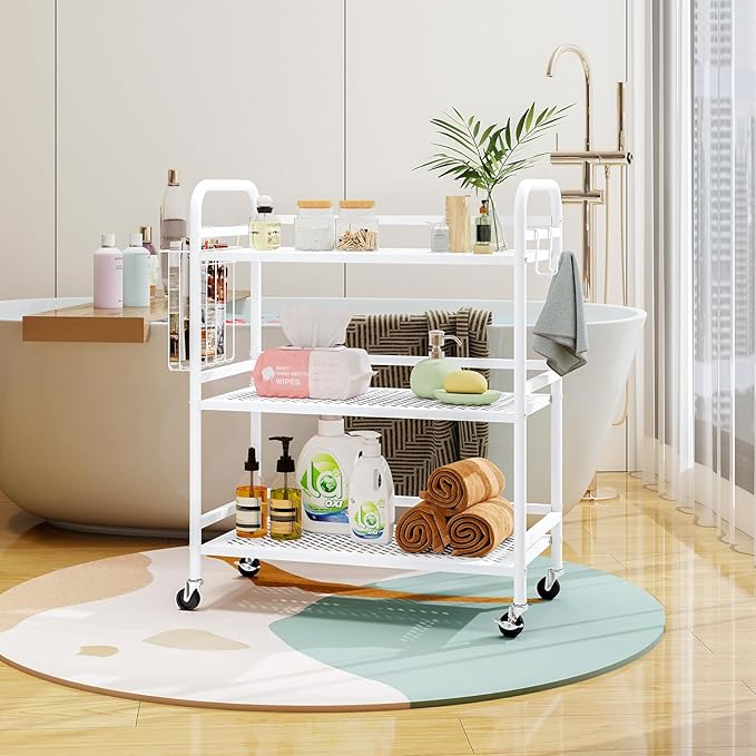 HDANI 3 Tier Metal Mesh Utility Cart,Large Capacity Multipurpose Heavy Vehicle,Rolling Trolley with to Hooks and One Basket(White)