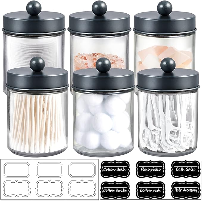 Amolliar 6Pc Apothecary Jars Bathroom Vanity Organizer- Rustic Farmhouse Decor Storage Canister with Stainless Steel Lids- Qtip Dispenser Holder for Q-Tips,Cotton Swabs,Rounds,Ball,Flossers (Grey)