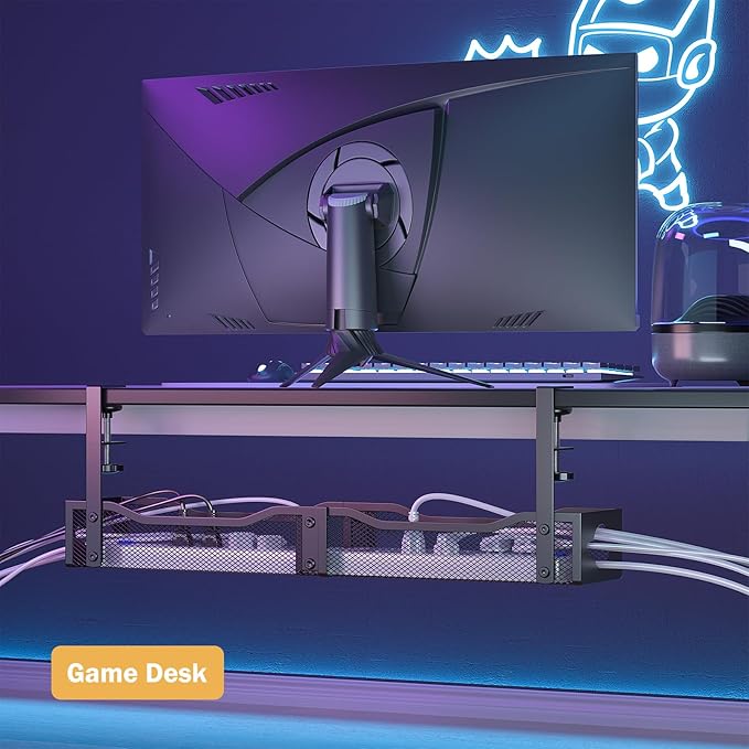DELAMU 25'' Extended Under Desk Cable Management, No Dill Desk Cable Management with F-Clamp, Metal Cable Management Tray to Cord Organizer for Home Office, 1 Pack, Black