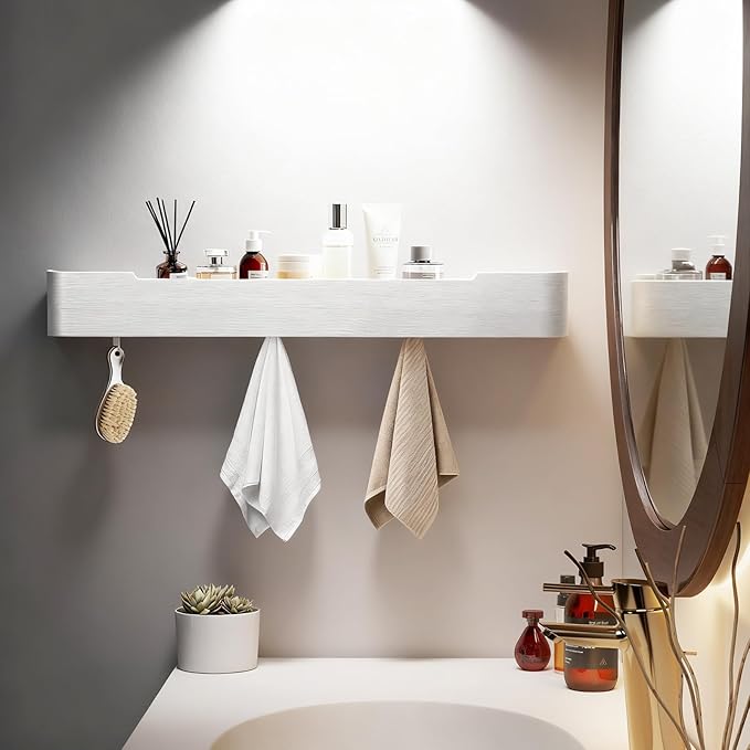 Wall Coat Rack Floating Shelves Modern Coat Rack Wall Mount with Storage Entryway Shelf Wooden Hanger 20 Inch 4 Hidden Metal Hooks for Living Room Bedroom (White, 8 Hooks)