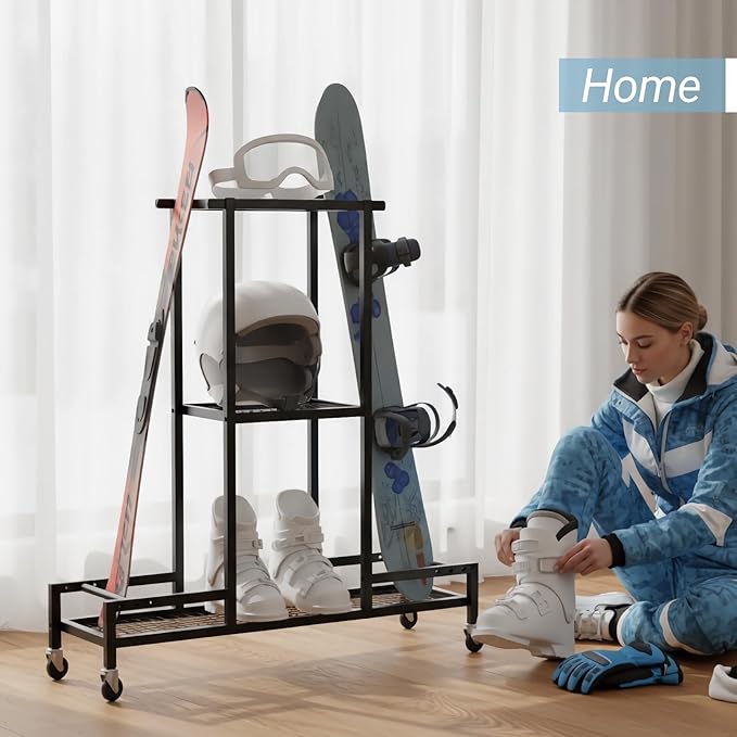Standing Ski Storage Rack, Holds Snowboards & Skis, 3-Tier Organizer for Gear, Black - Ski Rack for Garage