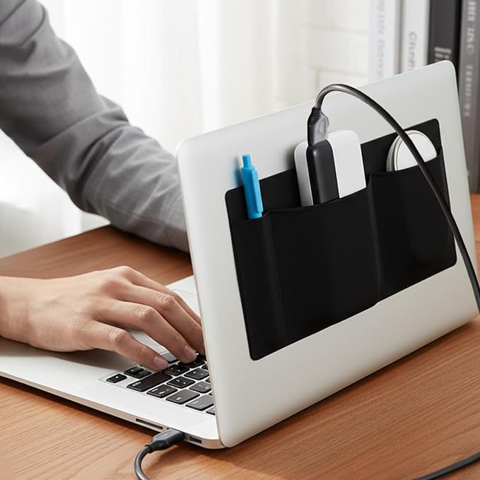 3-Pocket Adhesive Pouch for Laptop Mouse Holder for Laptop Stick on Portable Drive Sleeve Reusable Mouse Headset Storage Bag for SSD HDD USB Drive Cables Computer Accessories