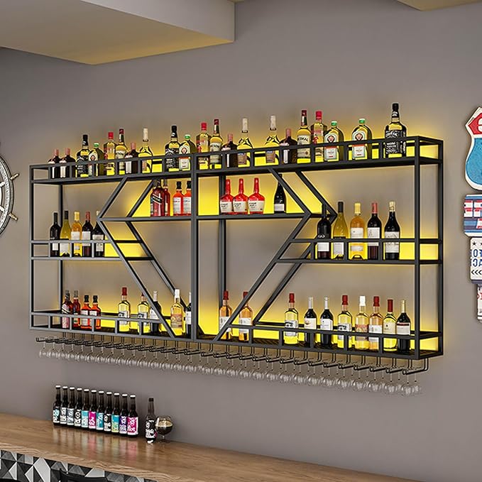 63in Wall Mounted Wine Rack, Large Metal Wine Bottle Holder,3 Tier Modern Fashion Diamond Shaped Floating Bar Unit Wine Storage Shelves, for Home Restaurant Bars Decor (Black, 3 Tier - 63in)