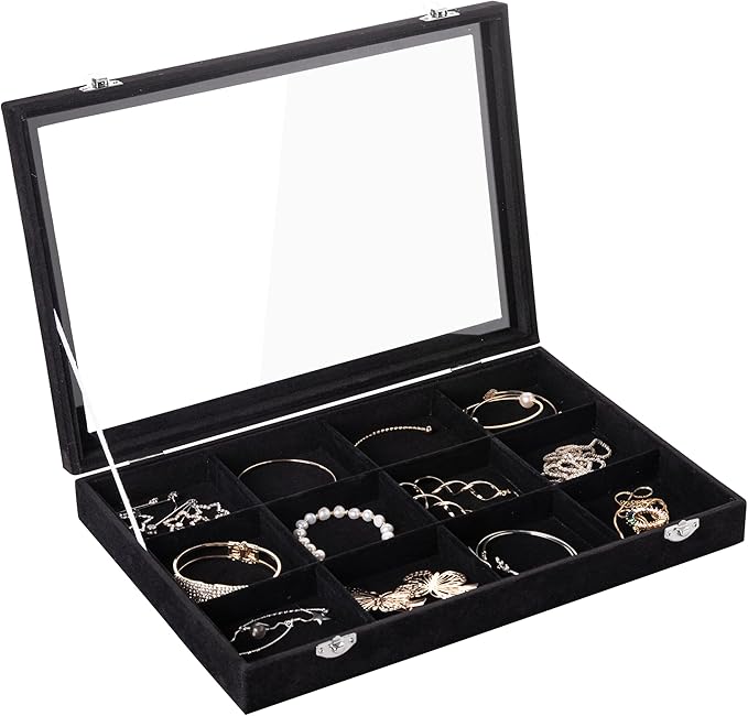 Frebeauty Velvet Jewelry Tray,12 Grid Jewelry Organizer with Clear Lid,Bracelets Holder,Jewelry Display Case with Clasp,Drawer Insert Bangle Brooch,13.8 x 9.5 x 2 Inches,Gift for Women Girls(Black)