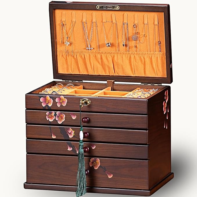 Vintage Wooden Jewelry Boxes with Lock & Key - Hand-Painted Large Jewelry Organizer, 6-Layer jewelry organizers and storage, Rustic Tabletop Jewelry Storage Box for Women/Men