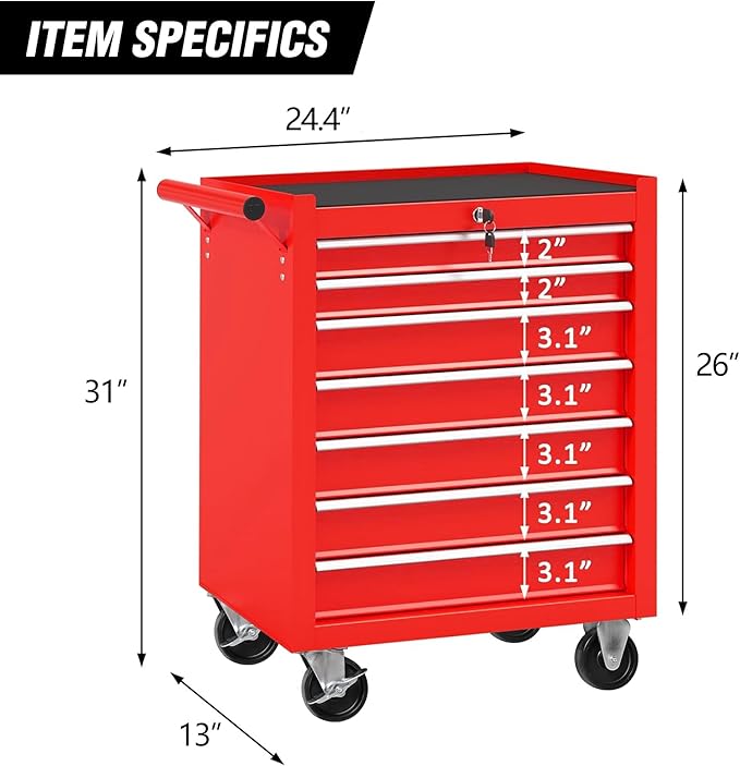 Rolling Tool Chest with 7-Drawer Tool Box with Wheels,31"x 24.4"x 13" Multifunctional Tool Cart Mechanic Tool Storage Cabinet for Garage, Warehouse, Workshop, Repair Shop