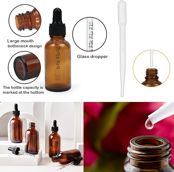 6 Pack 2oz Tincture Bottles With Dropper Amber Glass Dropper Bottle with Measured Eye Dropper Funnels,Labels,60ml Empty Bottle Brown for Homemade Vanilla Essential Oil,Tincture,Serum,Liquids
