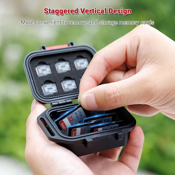 12 Slots Portable Memory Card Case,IP67 Waterproof Travel Camera SD MicroSD Memory Card Holder Storage Carrying Case for 6 SD SDXC SDHC CFexpress Type A Cards & 6 TF MSD Cards with Vertical Design