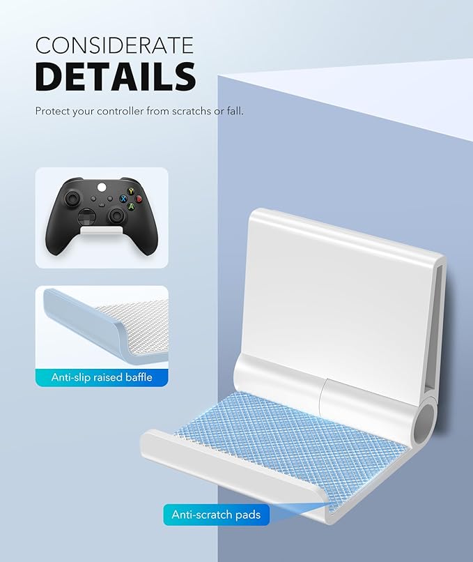 6amLifestyle 6 Pack Foldable Controller Wall Mount Holder for Xbox PS5 PS4 PS3 Switch Pro Strong Adhesive/Screw Controller Hanger Hook with Anti-Slip Pad Universal Gaming Remote Accessories, White
