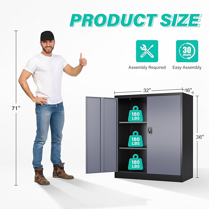 SISESOL Small Metal Cabinet with Shelves,36 inch Garage Storage Cabinet with Lock,Gray Metal Storage Cabinets with Locking Doors,Small Steel Lockable Cabinets for Home,Office,Shop,Garage